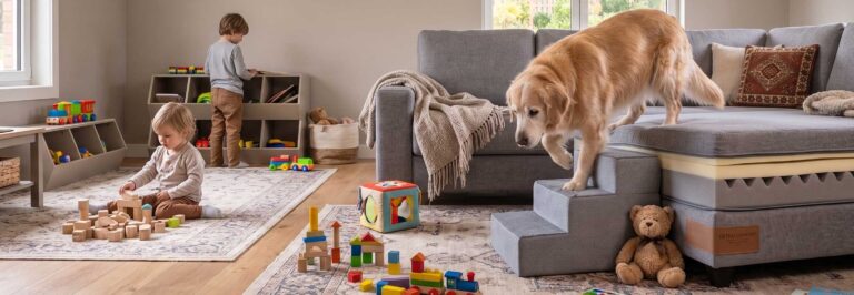 Imagen de cabecera de Vida Senior Canina que muestra a un perro Golden Retriever mayor usando escaleras de espuma para bajar del sofá de forma segura en un salón familiar.