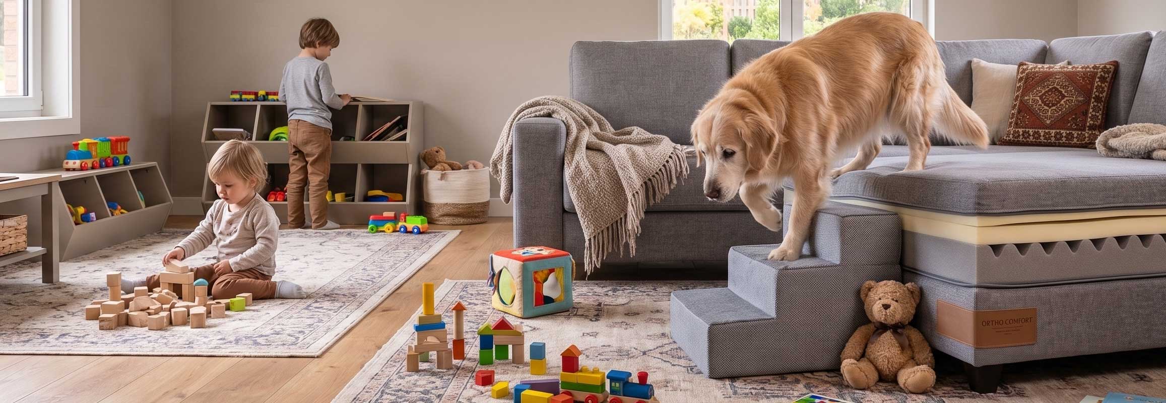 Imagen de cabecera de Vida Senior Canina que muestra a un perro Golden Retriever mayor usando escaleras de espuma para bajar del sofá de forma segura en un salón familiar.