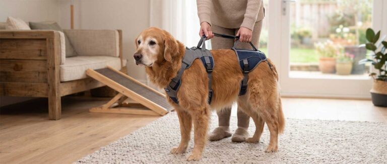 Banner de un perro Golden Retriever senior usando un arnés de soporte de cuerpo completo con doble asa. Una persona asiste al perro sujetándolo desde arriba en el salón de una casa con una rampa canina al fondo.