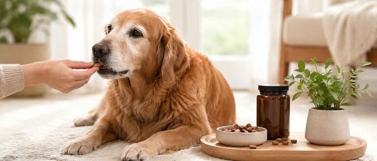 Banner de cabecera sobre suplementación canina. Un perro Golden Retriever senior tumbado en una sala luminosa recibe un suplemento de la mano de su dueño. A la derecha, sobre una bandeja de madera, se ve un bote de vitaminas, un cuenco con comida y una pequeña planta.