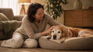 Imagen de presentación de Quiénes Somos. Una mujer acaricia con ternura la cabeza de un perro Golden Retriever senior con el hocico canoso que descansa relajado en su cama ortopédica dentro de un salón acogedor.