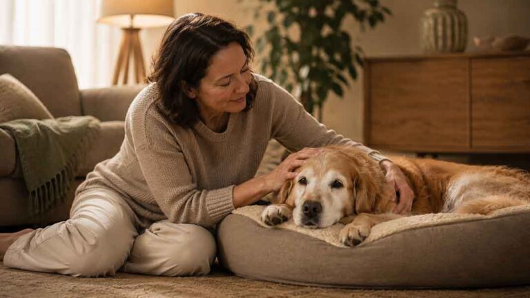 Imagen de presentación de Quiénes Somos. Una mujer acaricia con ternura la cabeza de un perro Golden Retriever senior con el hocico canoso que descansa relajado en su cama ortopédica dentro de un salón acogedor.