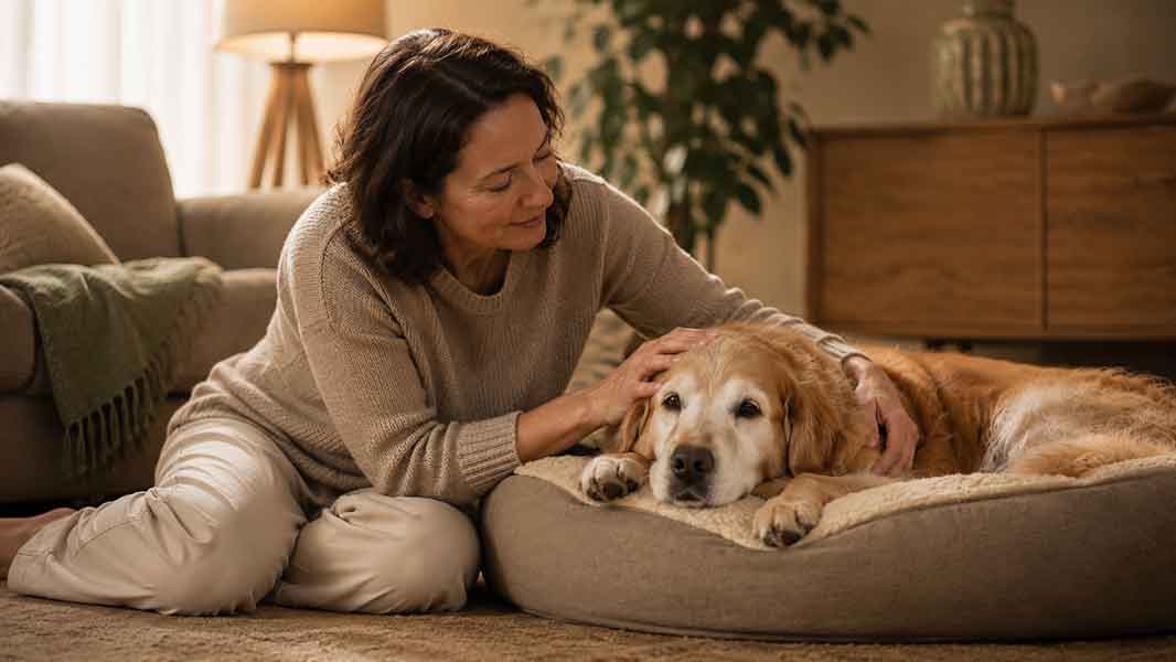 Imagen de presentación de Quiénes Somos. Una mujer acaricia con ternura la cabeza de un perro Golden Retriever senior con el hocico canoso que descansa relajado en su cama ortopédica dentro de un salón acogedor.