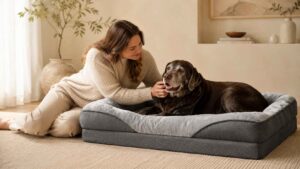 Perro mayor descansando en su cama ortopédica EHEYCIGA para aliviar los callos de apoyo.
