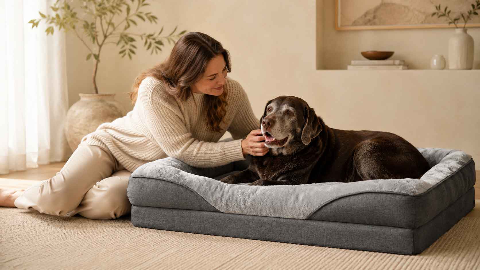 Perro mayor descansando en su cama ortopédica EHEYCIGA para aliviar los callos de apoyo.