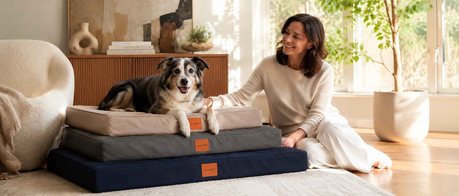 Perro labrador chocolate mayor descansando en cama ortopédica WAVVE azul.