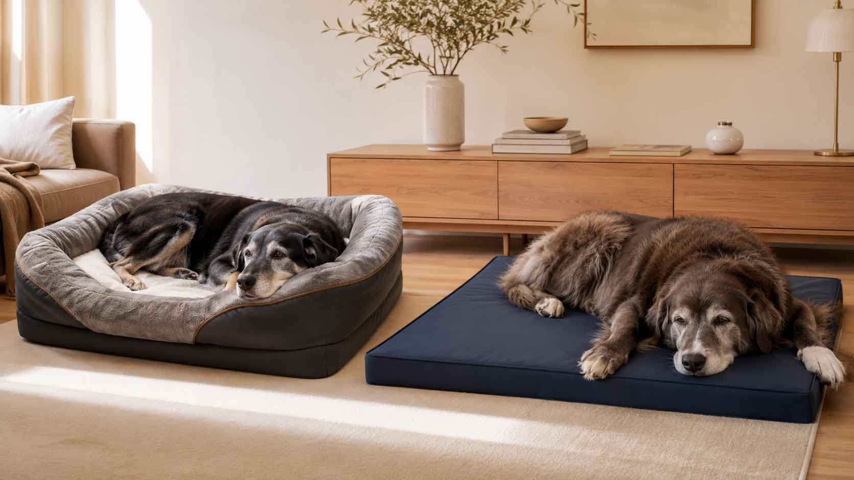 Dos perros mayores descansando en camas ortopédicas JOYELF y WAVVE.