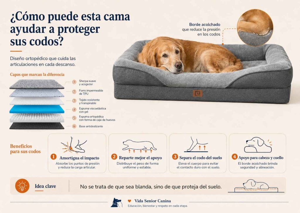 Desglose de las capas viscoelásticas y ortopédicas de la cama EHEYCIGA para proteger los codos.