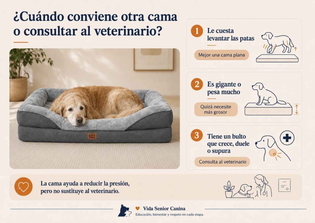 Infografía que explica por qué aparecen callos de apoyo e higromas en los codos de los perros mayores.