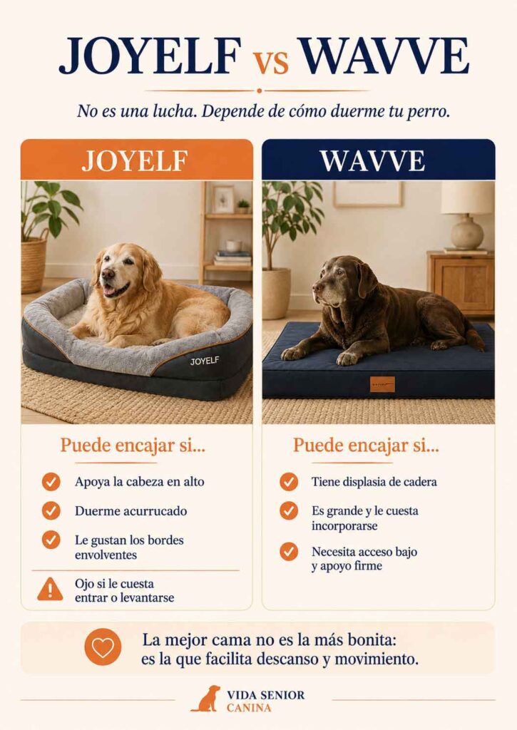 Infografía comparativa entre la cama ortopédica JOYELF y la cama plana WAVVE para perros.
