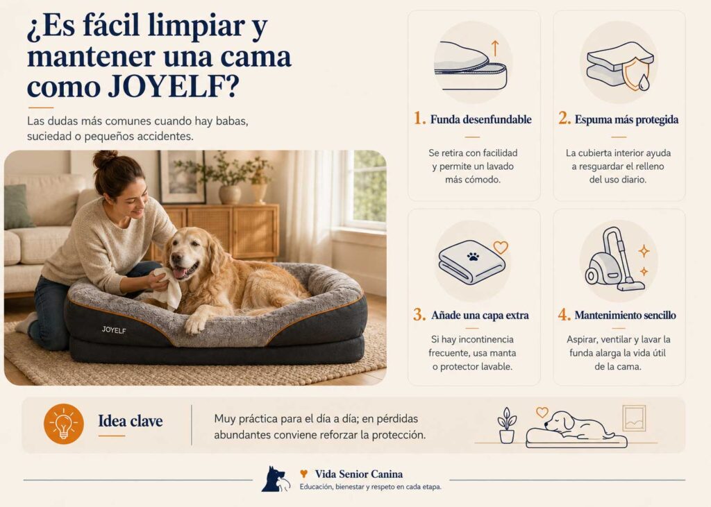 Infografía sobre cómo limpiar y mantener la cama ortopédica JOYELF.