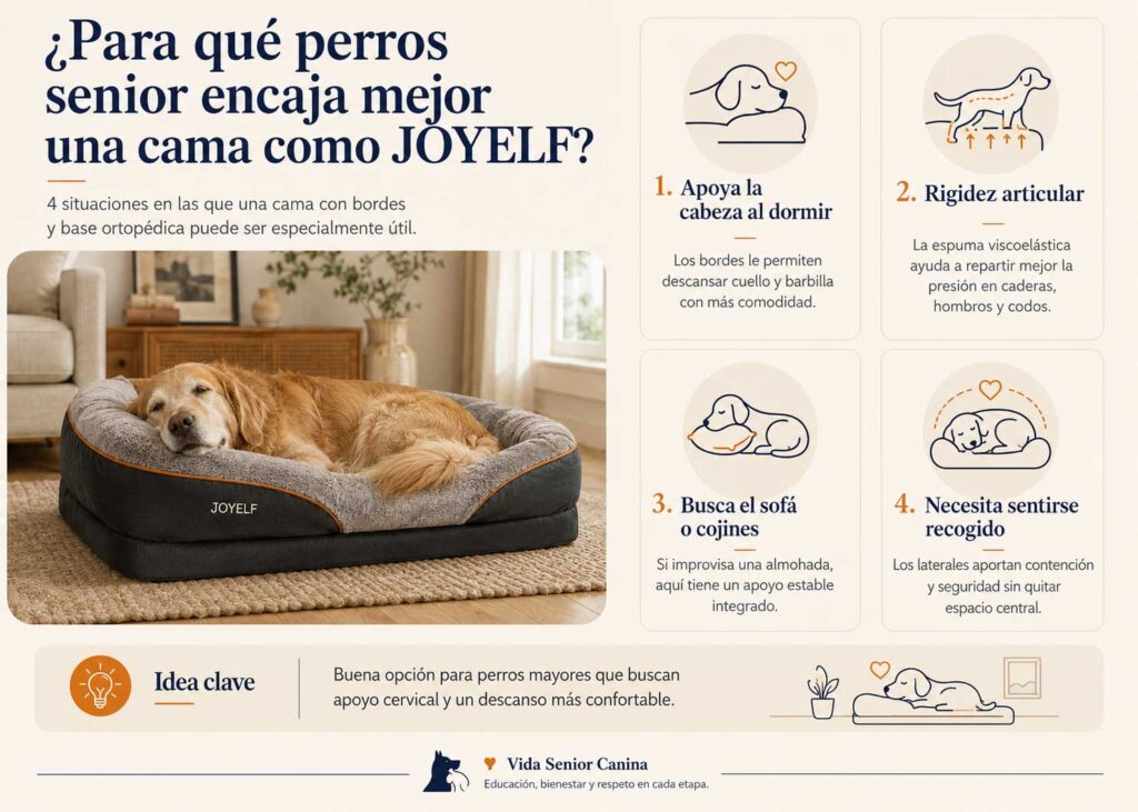 Infografía explicativa sobre qué perros senior se benefician de la cama ortopédica JOYELF.