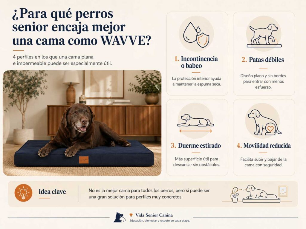 Infografía que detalla para qué tipos de perros senior es ideal la cama plana WAVVE.
