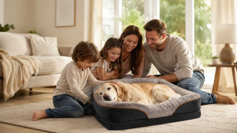 Perro mayor durmiendo con la cabeza elevada en cama ortopédica JOYELF.