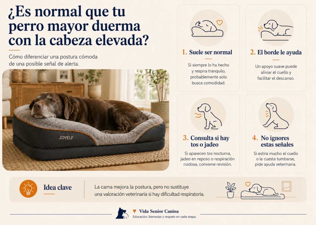 Infografía sobre si es normal que un perro mayor duerma con la cabeza elevada.