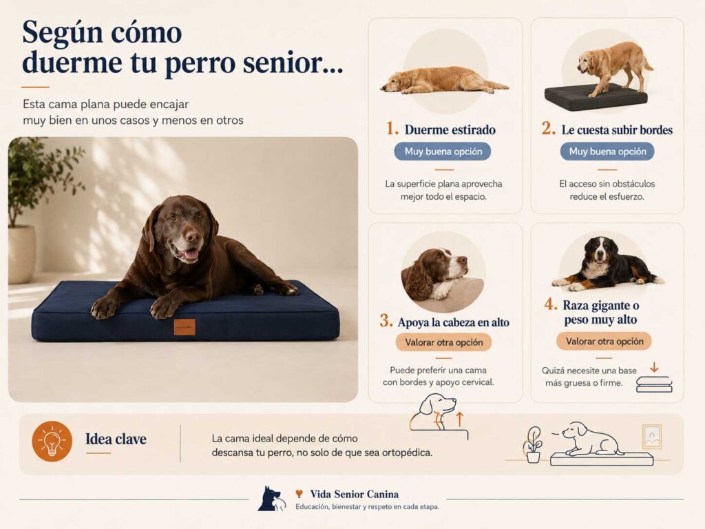Guía visual sobre cómo influye la postura de sueño de tu perro senior al elegir su colchón ortopédico.