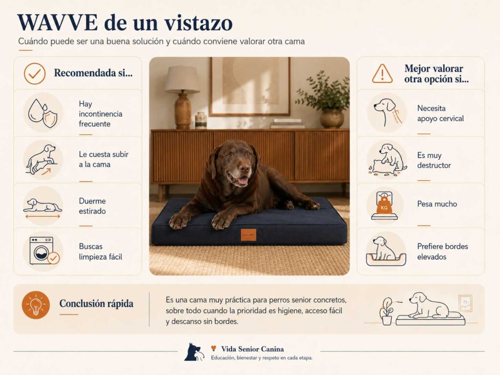 Tabla de pros y contras de la cama WAVVE de un vistazo para el cuidado de perros mayores.