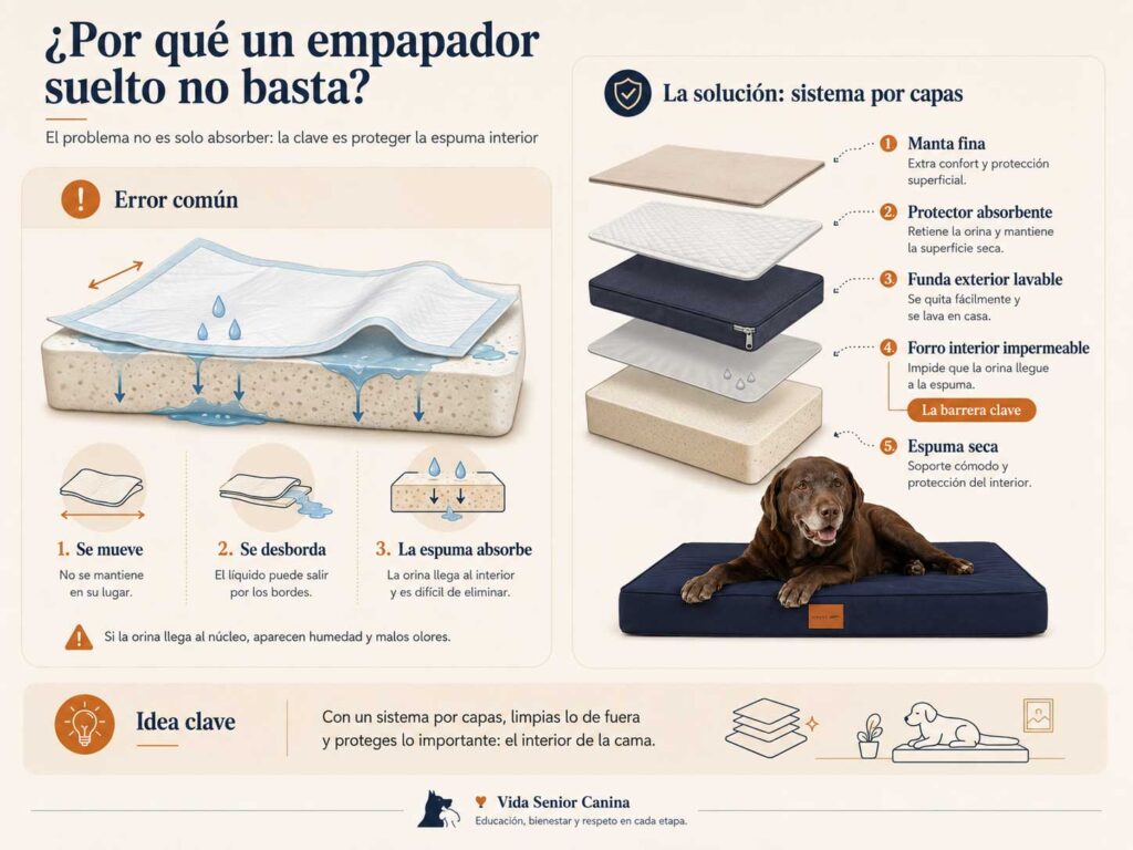 Esquema explicativo del error de usar empapadores sueltos y la solución de protección de cama por capas.