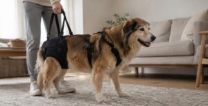 Perro senior con arnés de soporte para debilidad en las patas traseras