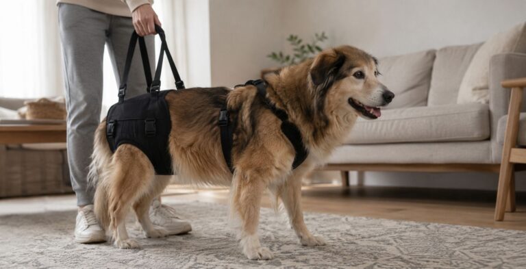 Perro senior con arnés de soporte para debilidad en las patas traseras