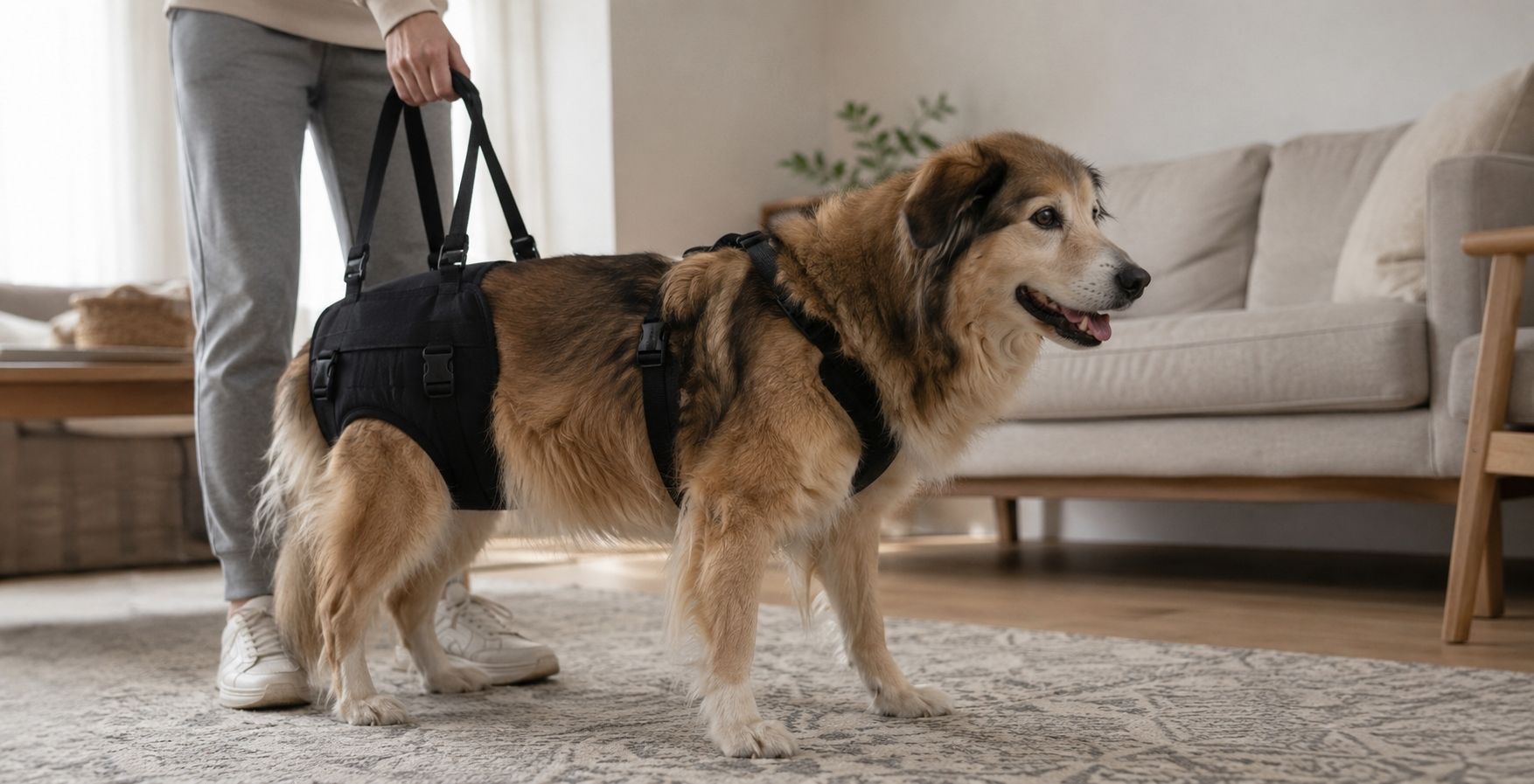Perro senior con arnés de soporte para debilidad en las patas traseras